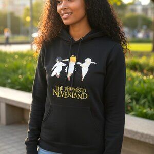 (A-23)The Promised Neverland Anime Hoodie Black Graphic Pullover Womens M Cotton